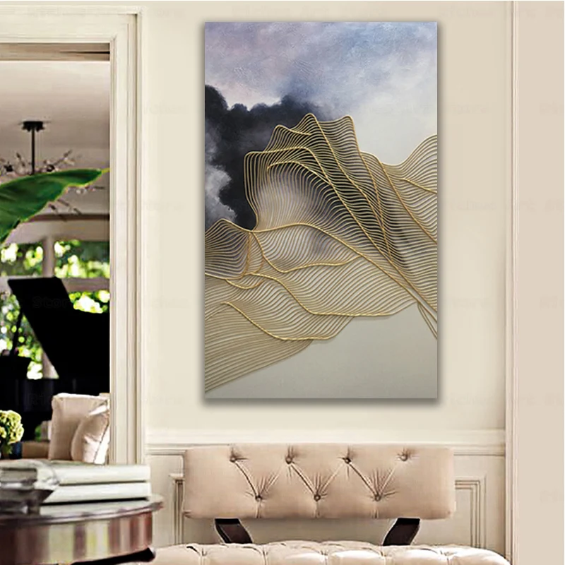 

Modern Home Decor Poster Abstract Canvas Painting Golden Luxurious Big Large Picture for Home Design Frameless