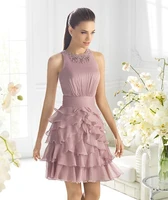 new fashion dark pink chiffon short mini formal party gown beading prom 2018 vestido de formatura ruffles bridesmaid dresses