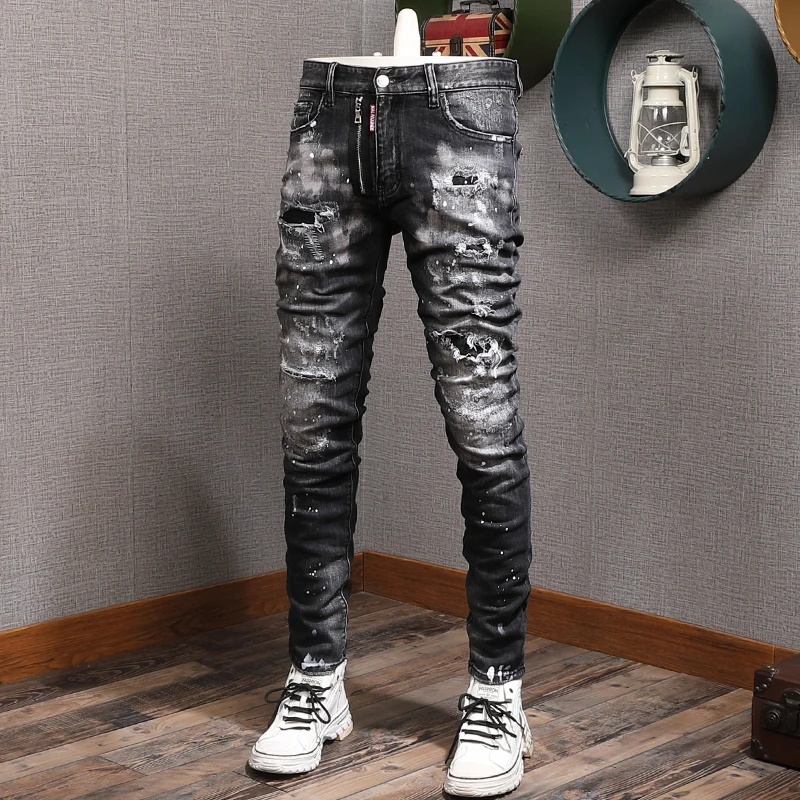 Streetwear Fashion Men Jeans Retro Black Gray Elastic Slim Fit Destroyed Ripped Jeans Men Splashed Designer Hip Hop Denim Pants