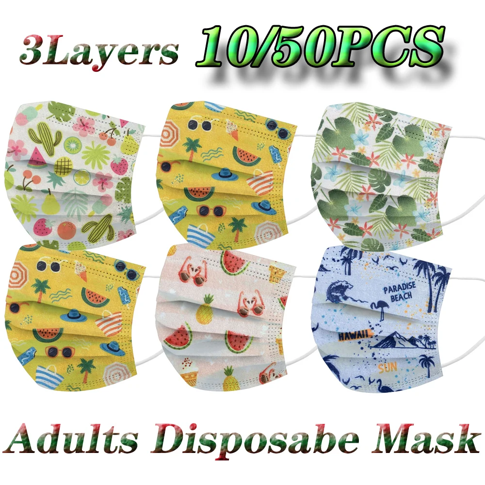 

10/50pcs Mascarillas Adults Disposable Mask Beach Printed Fashion Mask Security Protection Earloop Mouth Cover Mascarillas Niños