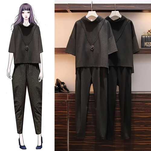 Женский осенний комплект из двух предметов размера плюс топа с ожерельем и