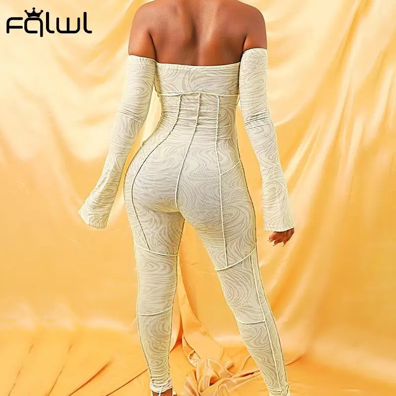 

FQLWL Autumn Print White Jumpsuit Off Shoulder Long Sleeve Bodycon Jumpsuit Women One Piece Sexy Club Outfits For Women 2021
