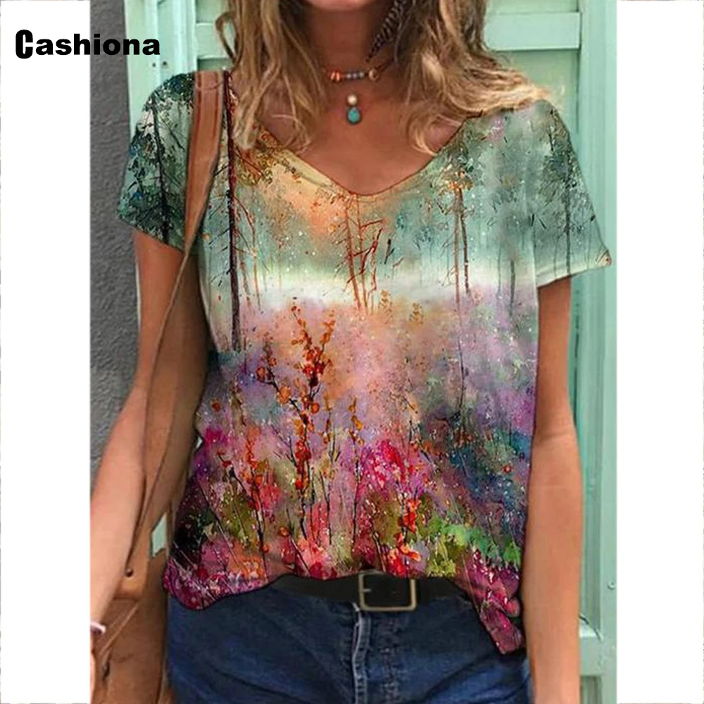 

Plus Size 4xl 5xl Ladies Elegant Leisure Casual T-shirt Boho Flower Print Women Tops 2021 Summer Loose Tees shirt Femme Clothes
