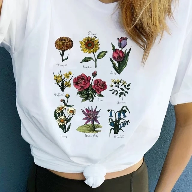 Харадзюку винтажная графическая футболка с цветочным принтом женская
