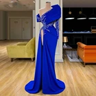 Блестящее арабское вечернее платье с длинным рукавом, синее, с вышивкой бисером, с аппликацией, для выпускного вечера, размера плюс