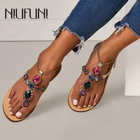 niufuni flats shoes bohemian crystal sandals gems sexy casual summer beach sandals clip toe flip flops rhinestone metal chain