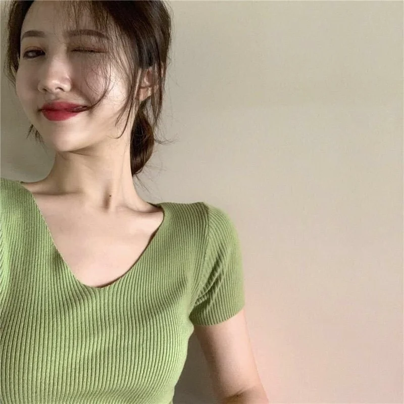 

T-shirts Women Knitting Candy Colors Girls Popular Basic Summer V-neck Skinny Female Screw Thread Ladies Tops Comfortable Simple