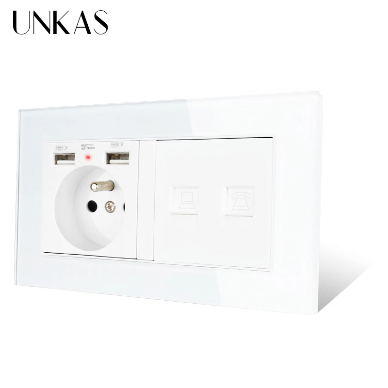 Стеклянная панель UNKAS французская стандартная розетка с 2 USB зарядными портами +