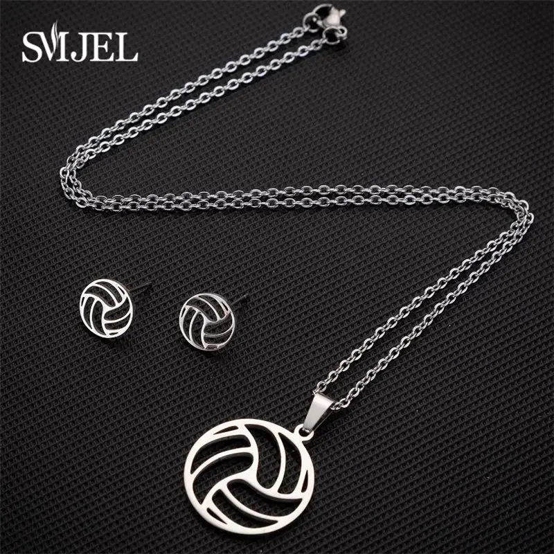 Stainless Steel Volleyball Jewelry Set for Women Minimalist Hollow Ball Shape Necklace Earrings Triangle Accessories Club Gifts images - 6
