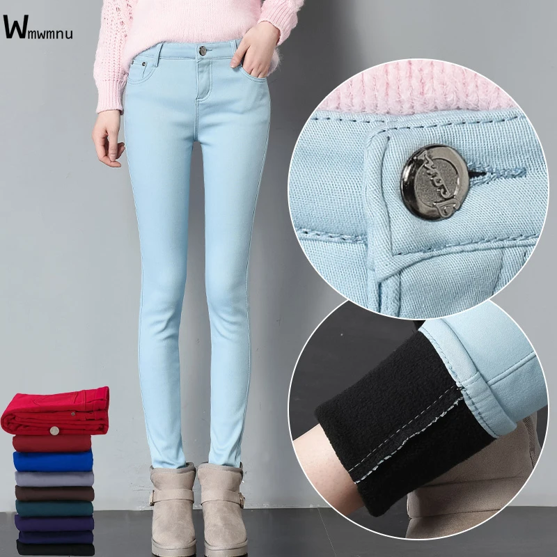 Женские бархатные облегающие джинсы ярких цветов модные зимние теплые леггинсы