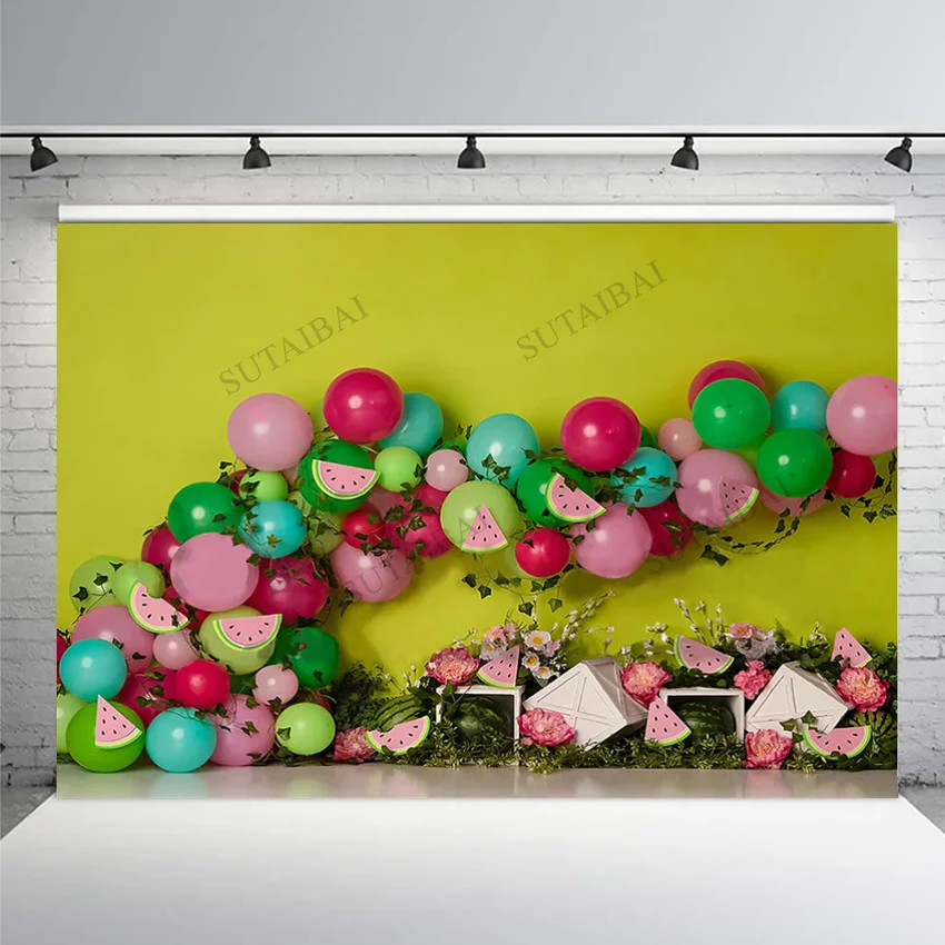 

Balloons Watermelon Cake Smash Backdrop Kids 1st Birthday Decorion Spring Newborn Photography Background Studio Vinyl Props