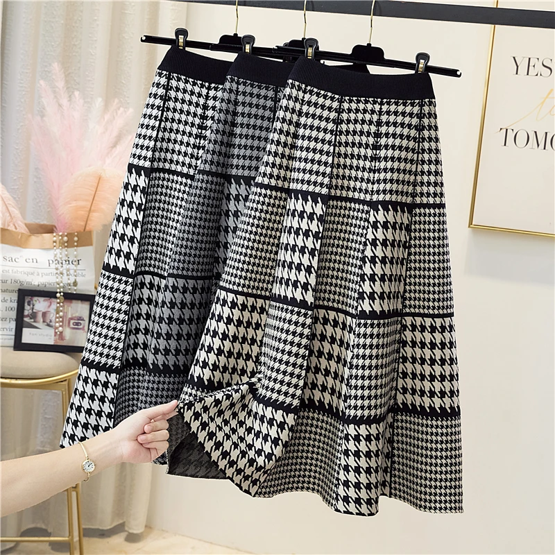 

Houndstooth Knitted Long Skirt Women 2021 Autumn and Winter New Warm Casual High Waist Mid-length A-line Large Swing Skirts Lady