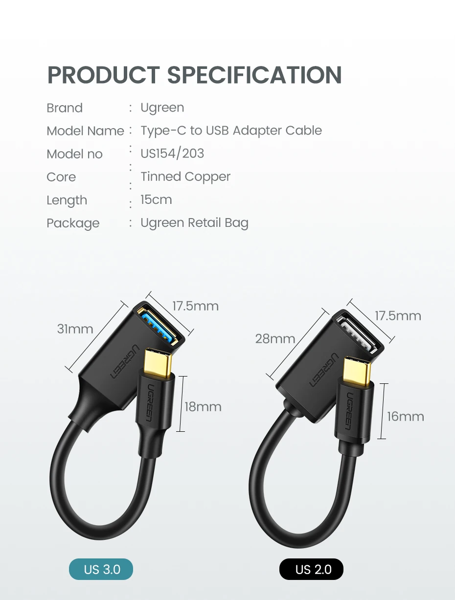 Ugreen USB C к USB адаптер Тип C OTG USB кабель C штекер USB 3,0 A женский кабель адаптер для MacBook Pro samsung S9 USB-C OTG