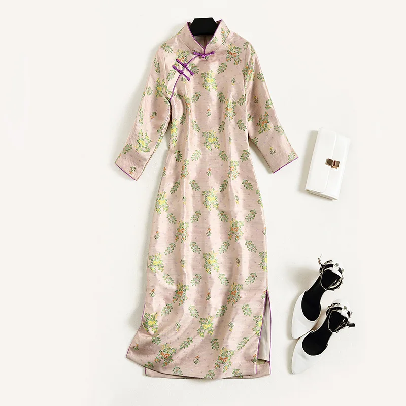 Новинка осени 2019 китайский стиль платье чонсам рукав до локтя цветочный узор