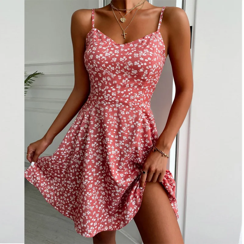 

Pink Summer Women's Dresses Printed Sexy One shoulder Short Dress V Neck See Though Draw Pleated Skirt Suit Cocktail Dresses