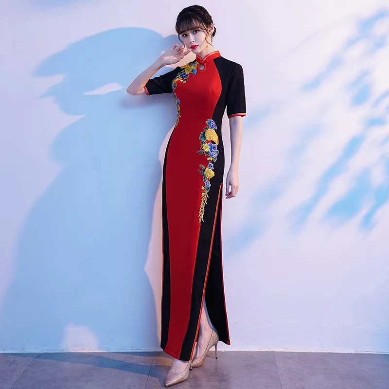 

Mandarin Collar Vintage Button Qipao Sexy Satin Women Cheongsam Embroidery Floral Chinese Bride Wedding Dress Gown Slim Vestidos