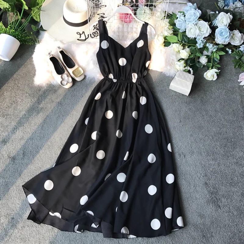 Платье женское длинное с принтом в горошек из шифона без рукавов открытой