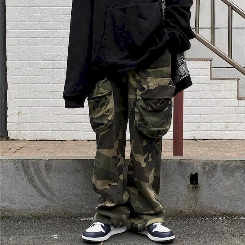 

Men Women Camouflage Cargo Pants Loose Straight Trousers Washed Old Street Hip-hop Elastic Casual Pants Cool Guy Streetwear Ins