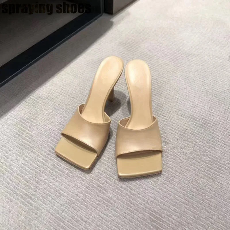 Genuine Leather Стильные женские шлепанцы с квадратным носком; Летние кожаные босоножки; пикантные шлепанцы на высоком каблуке; Женская обувь в римском стиле - Цвет: Genuine Leather