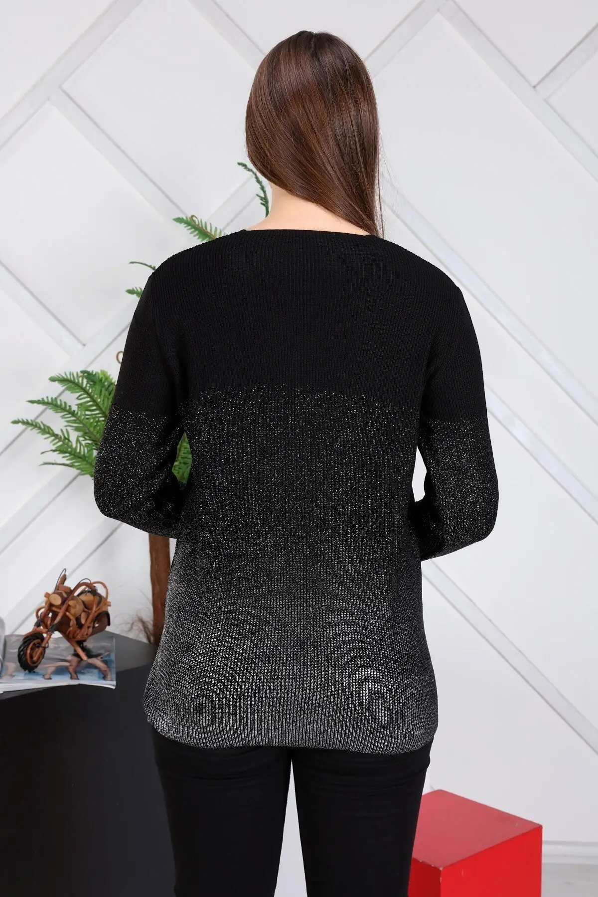 

Women's Black V Neck Sweater Winter Sweater Black Silver Leaf Detail Women Muslim Sweater