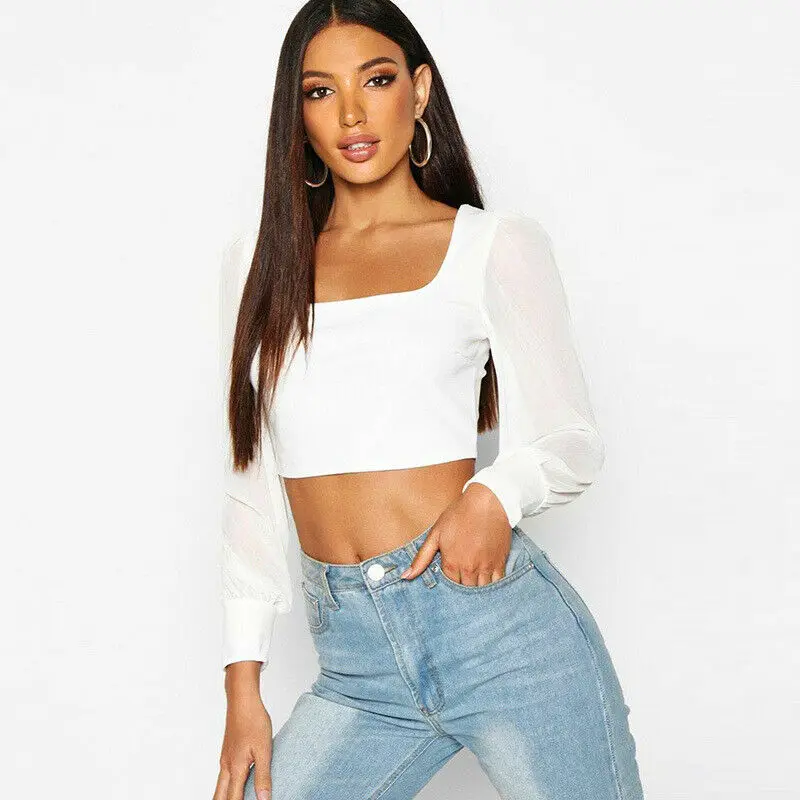 

New 2020 Sexy Women's See through Lace Mesh Sheer Long Sleeve Crop Top T Shirt Blouse Tee