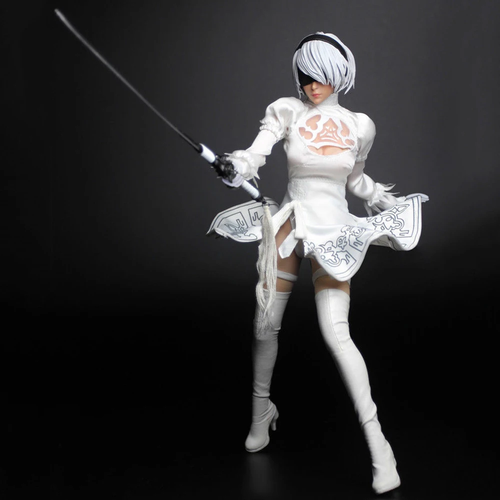 

1/6 NieR Automata 2B Female White Battle Costume Skirt Clothes Sliver Hair Head Sculpt Carving for 12" Action Figure Body TYM073