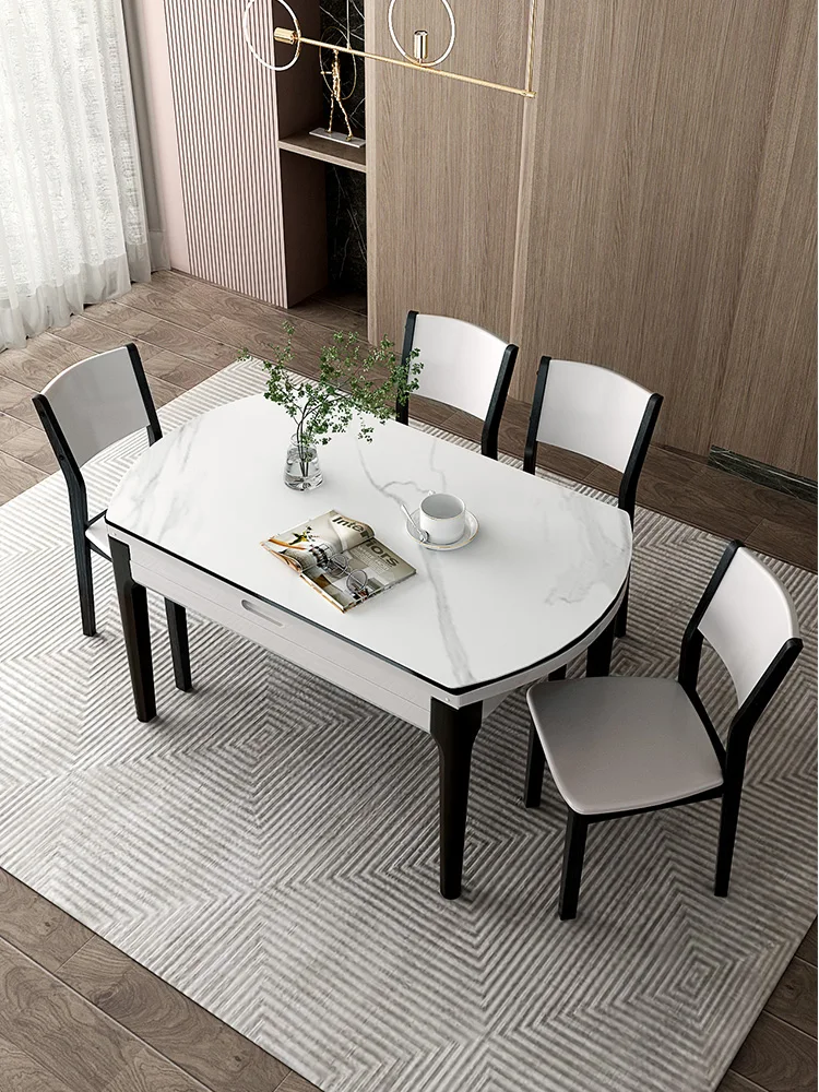 

Shuanghu furniture rock plate retractable small family variable round modern simple light luxury dining table