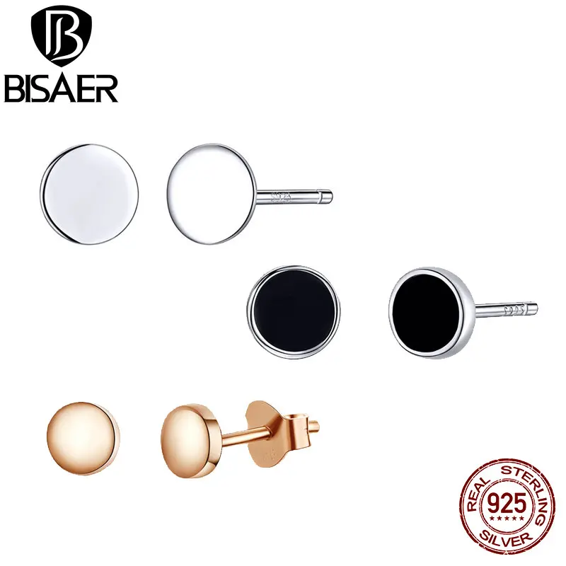 Горячая Распродажа, BISAER, 925 пробы, серебряные, Круглые, черные, маленькие, для монет, серьги-гвоздики для женщин, модные ювелирные изделия из стерлингового серебра ECE693