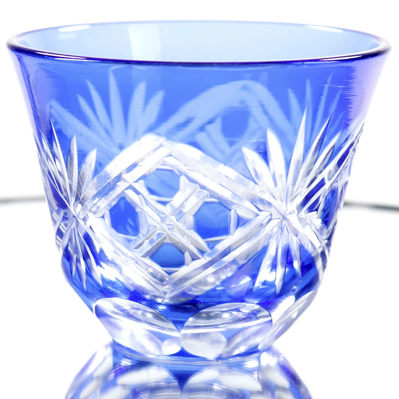 

2 Pieces Hand Cut Kiriko 50ml Blue Shot Glasses Shochu Sake Glass Cup Handcraft Set of 2 pieces