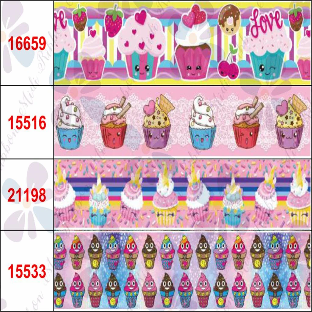16mm-75mm Cupcake Series Cartoon Heart Lover Printed Grosgrain/Foe Ribbon Fruits DIY Hair Bowknots 50yards/roll | Дом и сад