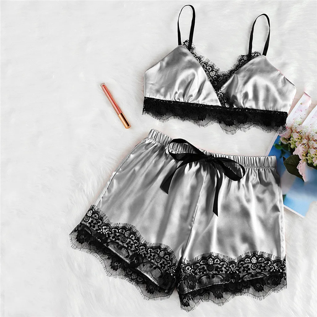 Женские брендовые комплекты для сна модная атласная пижама с кружевом летняя - Фото №1
