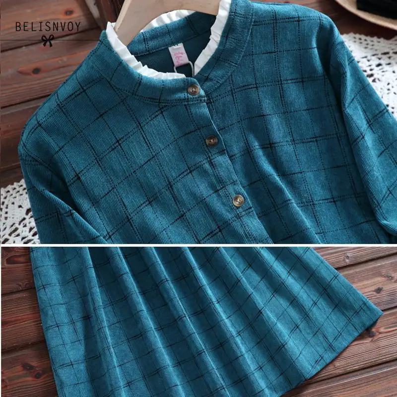 Женское вельветовое платье в клетку с длинным рукавом и оборками|Женские платья|