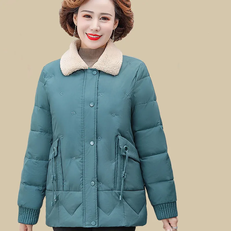 Fdfklak XL-5XL Winter Coat For Women Plus Velvet Thickening Plus Size Jacket Women Middle-Aged Elderly Embroidered Jassen Dames