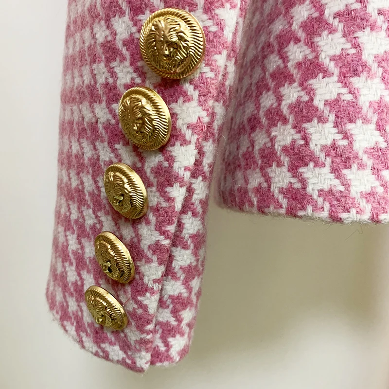 

HIGH STREET Newest Fashion 2021 Designer Jacket Women's Double Breasted Lion Buttons Wool Tweed Houndstooth Blazer