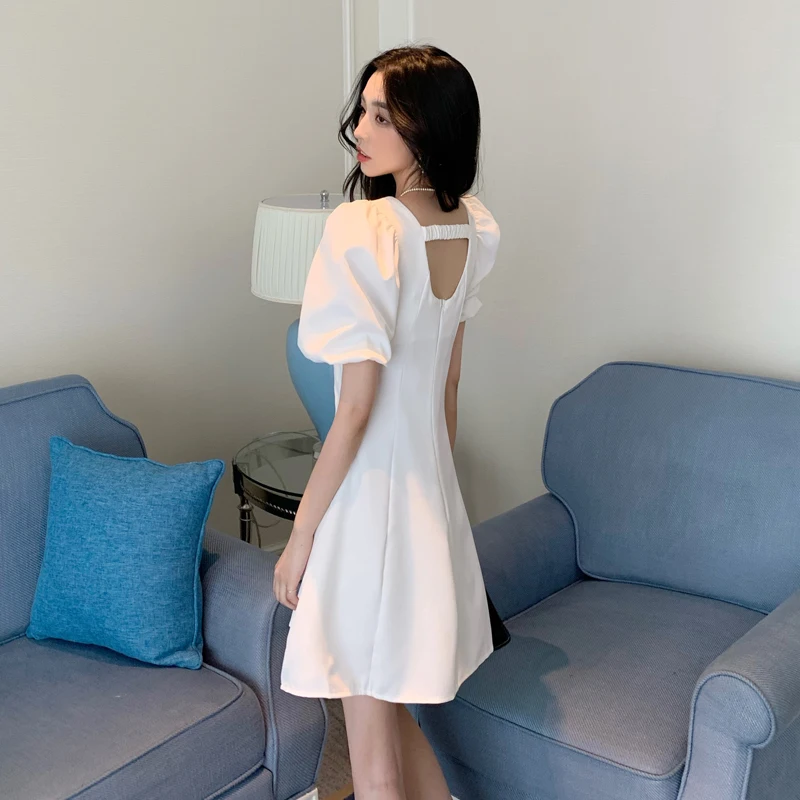 

Summer Women's Dress 2021 New Korean Fashion Elegant Puff Sleeve Hollow Back Mini White Dress for Girls Temperament Dress Women