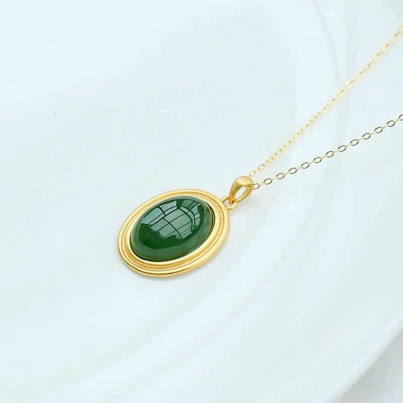 

Biying Natural Hetian Jade Green Jade Pendant S925 Sterling Silver Oval Jade Necklace Simple Big Name