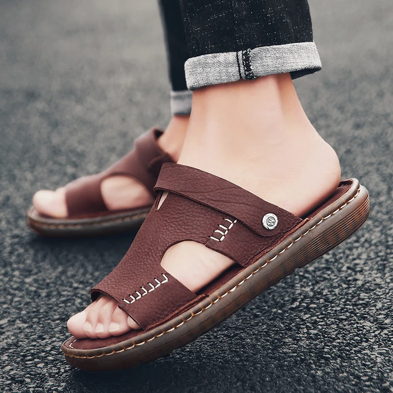 

Summer Open Toe Breathable Casual Shoes Mens Genuine Leather Sandals Large Size Outdoor Comfort Non-slip Casual Beach Slippers