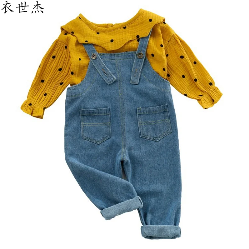 

2021New baby two-piece children's small and medium-sized children's polka dot bottoming shirt denim solid color overalls suit