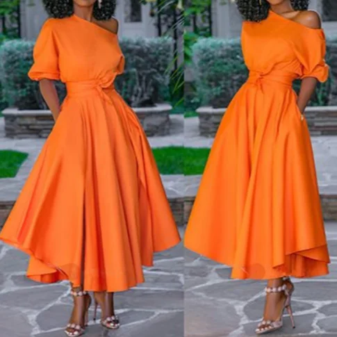 Женское длинное платье трапеция с карманами элегантное однотонное макси на одно