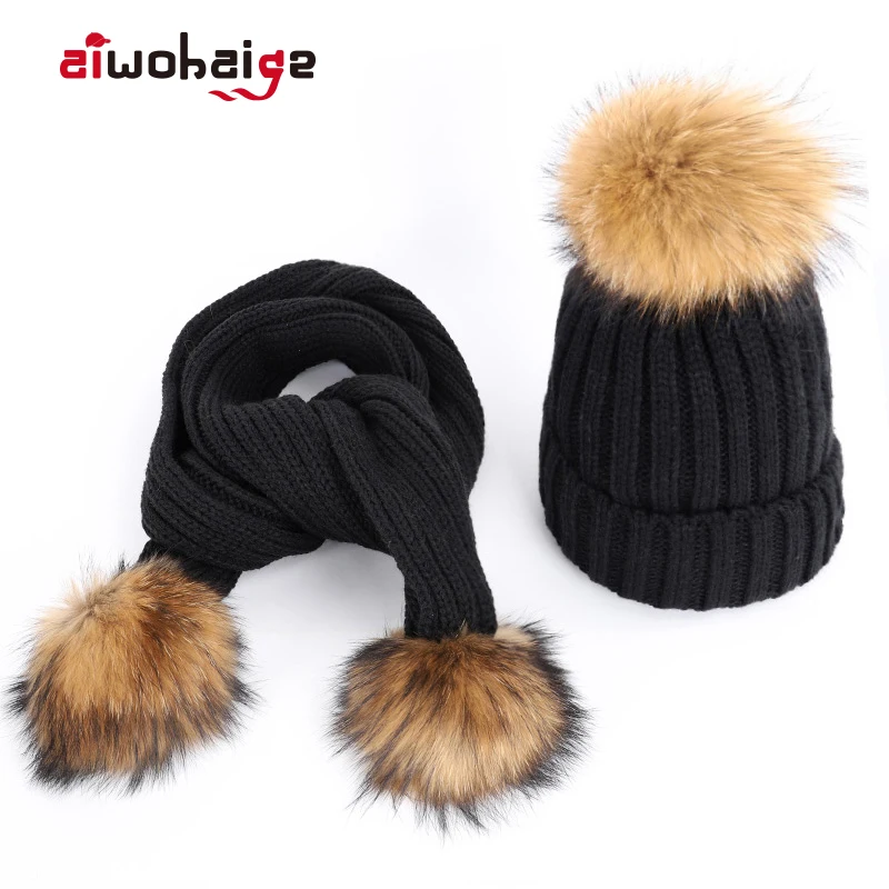 2019 новые модные женские помпон из меха енота вязаные шапочки наборы шарф шапка