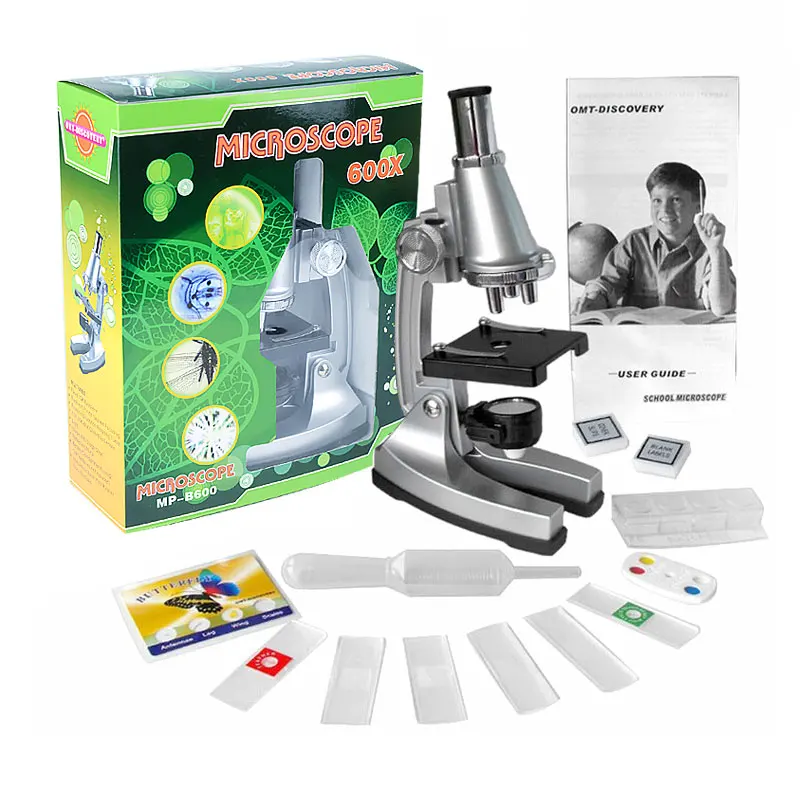 

100X 300X 600X Children Toy Monocular Student Microscope with Mirror and Lamp