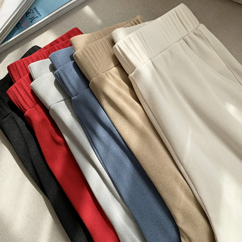 

2022 Summer Ice Silk Women's Pants High Waist Wide Leg Trousers Female Stacked Loose Beige Khaki Casual Pants Capri Streetwe