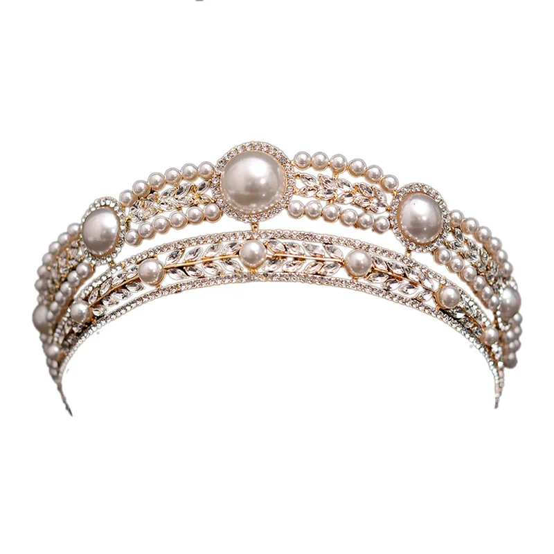 

Baroque Retro Round Bridal Crown European Rhinestone Pearl Tiara Performance and Catwalk Headpieces Bridal Ornaments