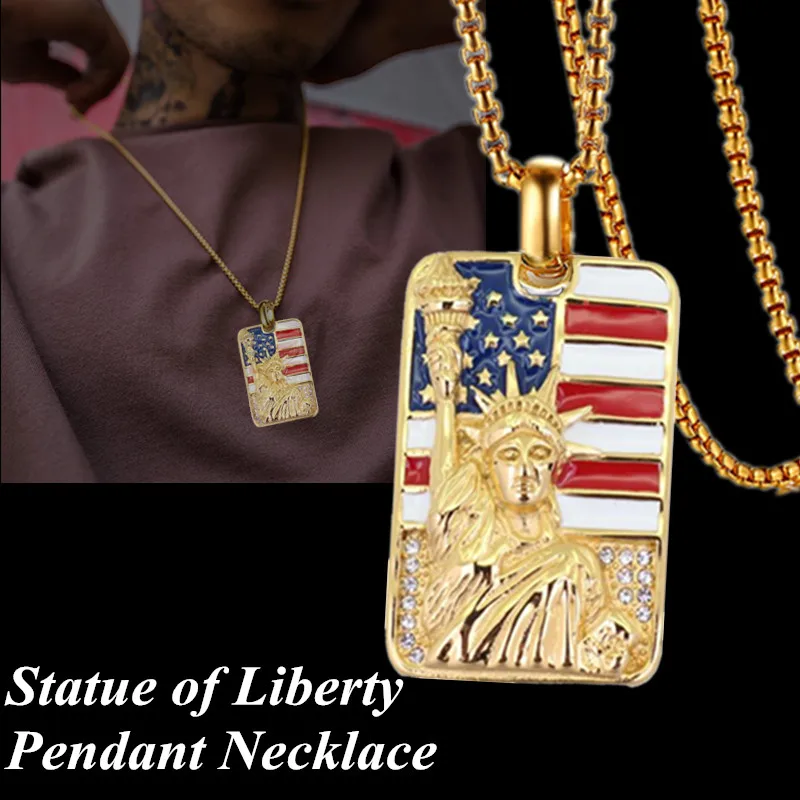 

American Statue Of Liberty Pendant Necklace Gold Color Chain Hip Hop Rhinestone Punk Jewelry For Men