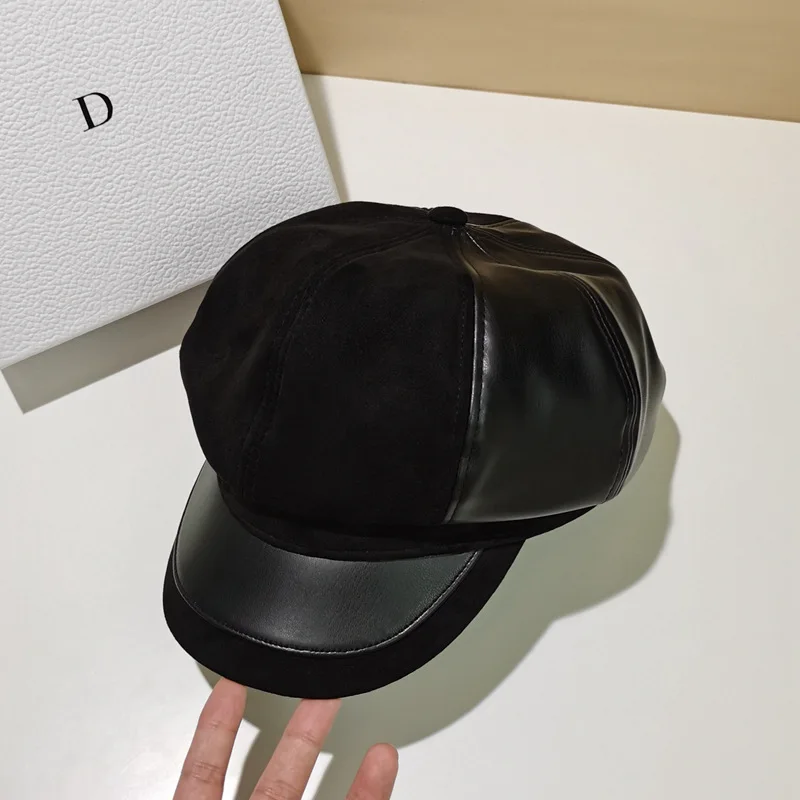 

Fashion Octagonal Hats For Women New Berets Suede PU Patchwork England Retro Painter Hat Tide Peaked Cap Winter Casual Cap
