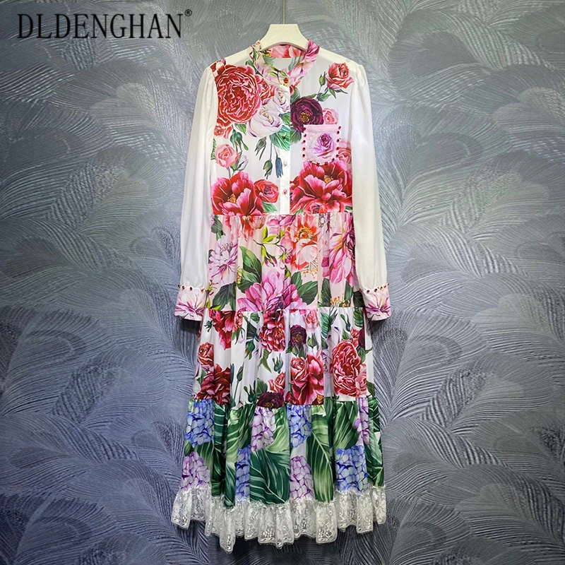 

DLDENGHAN Fashion Floral Print Summer Dress Stand Collar Long Sleeve Crystal Diamonds Lace Patchwork Dresses Designer New