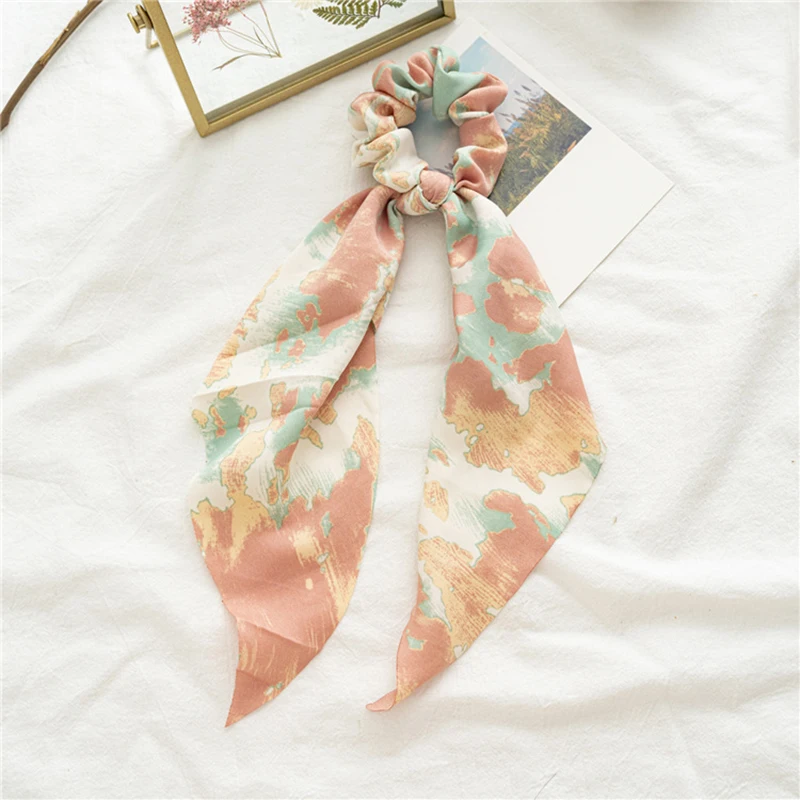 

Rabbit Ear Elastic Hair Bands Vintage Tie-dye Bow Scrunchies Soft Ribbon Hair Rope Chiffon Bowknot Hair Ring Hair Accessories