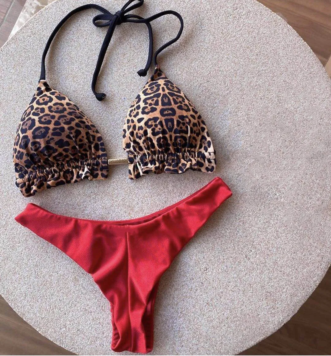 

2021 leopard print stitching bikini express Amazon Women's swimsuit backless bikini