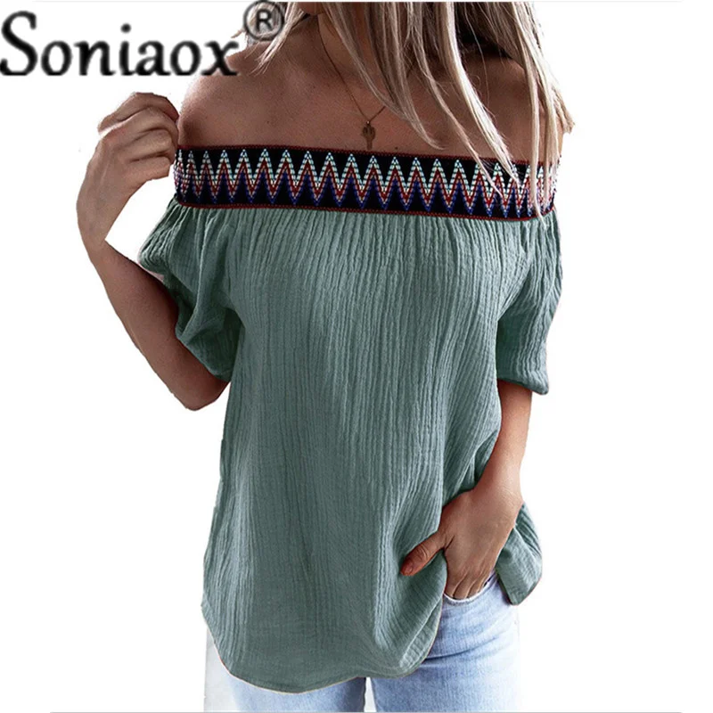 

Fashion Splicing Sexy Blouse 2021 Summer Women Clothing Casual Loose One-Line Collar Off-Shoulder Short-Sleeved Shirt Top Femme