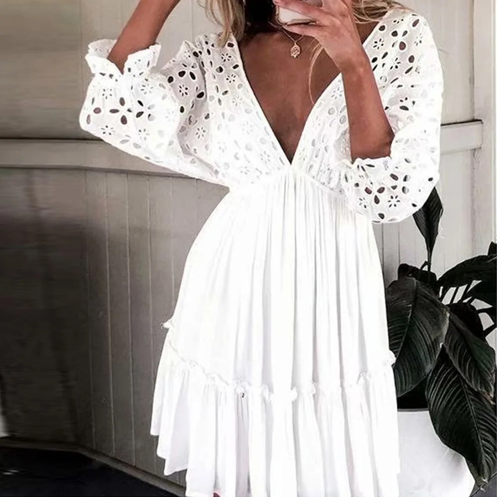 

Women's Embroidery Sexy Backless Deep V 2019 Plus Size Clothing Basic Summer Casual Dress